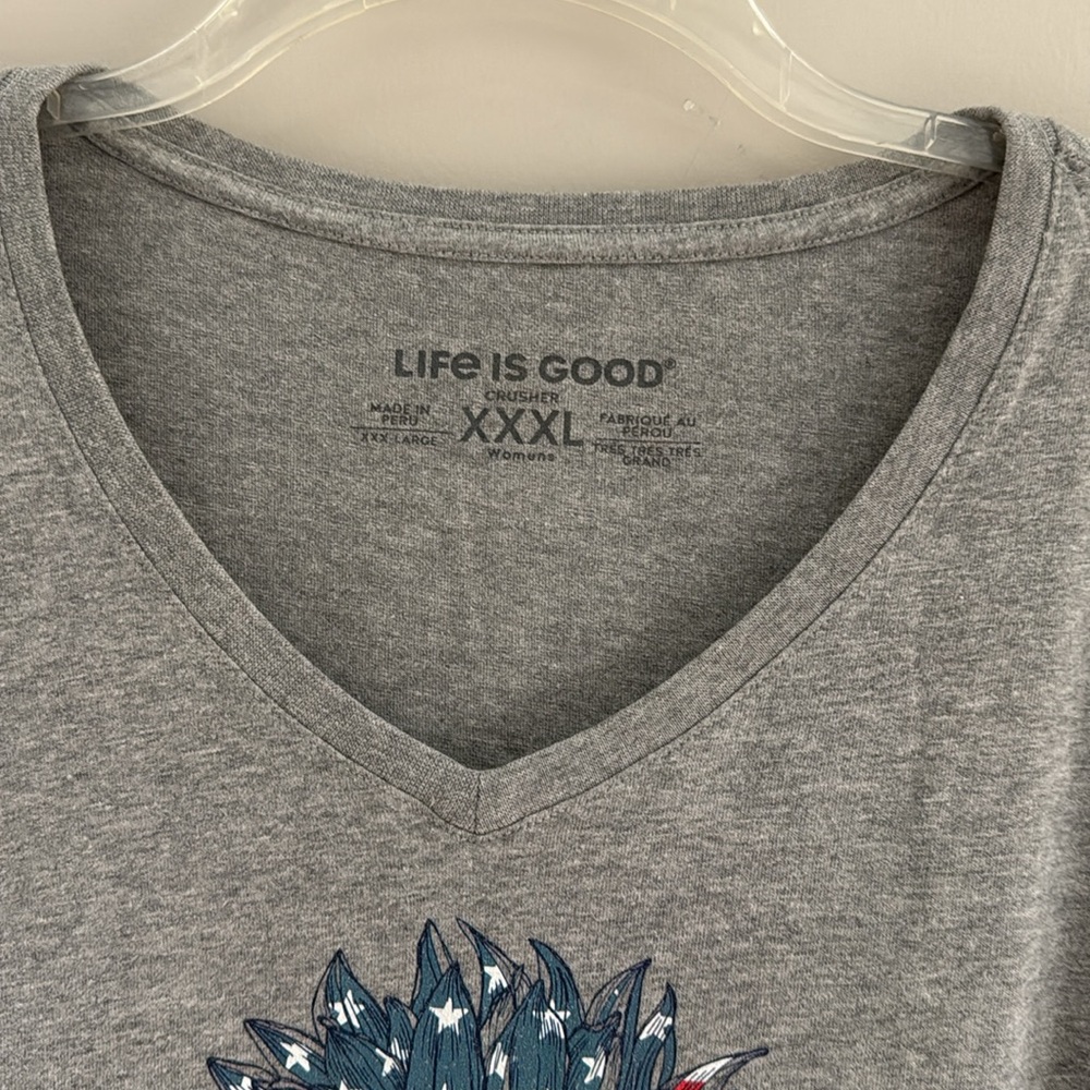 LIFE IS GOOD Women's Gray Flag Sunflower Short Sleeve V-Neck- Size XXXL - Picture 4 of 11